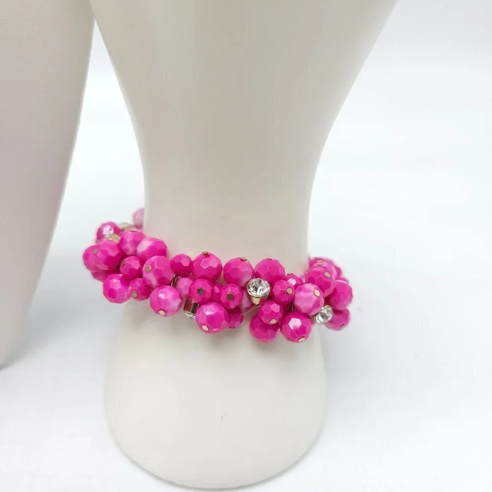 Pink Beaded Necklace Bracelet Jewelry Set Rhinestone Bead Accents Cha Cha